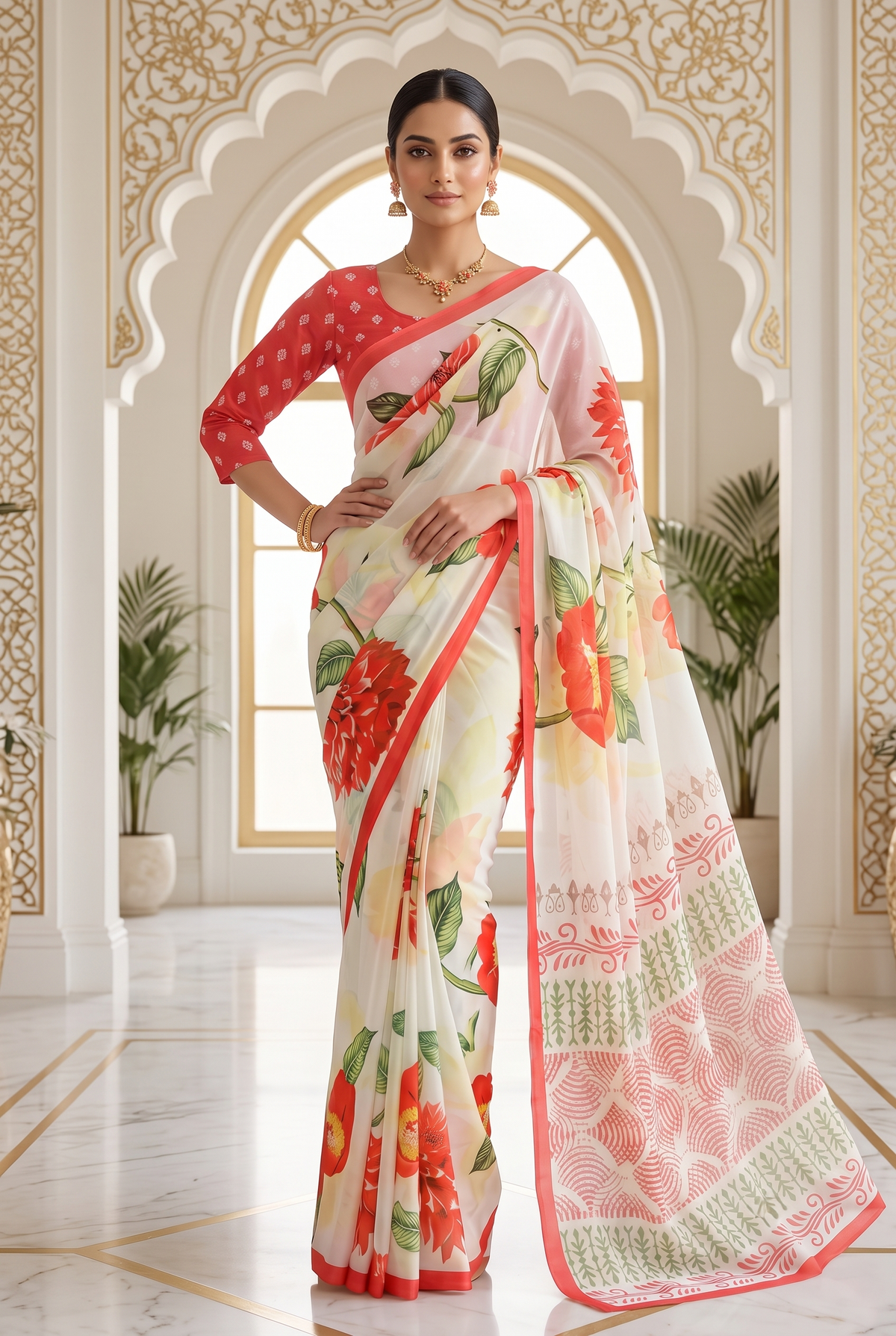 CFPSR-155 printed georgette saree - front standing pose with pallu draped