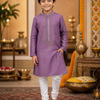 CFBW-32 | Boys Mix Fabric Kurta with Embroidery Work & White Churidar — Deep Purple