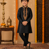 CFBW-40 | Boys' All-Black Raw Silk Kurta Set with Embroidery – Black Churidar Trouser