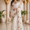 CFSAR-177 | White Designer Net Saree | Sequin Lines, Resham Buta & Swarovski Stone Border