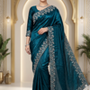 CFSAR-203 | Teal Blue Soft Fendi Saree | Heavy Border Work with Sequin, Katdana & Stone
