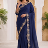 CFSAR-183 | Blue Chinon Saree | Stone, Bead & Long Katdana Work