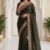 CFSAR-211 | Premium Olive Green Fendy Saree with Delicate Stone Handwork & Ornate Designer Pallu