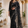 CFSAR-164 | Black Net Saree | White Resham & Stone Work