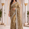 CFSAR-134 | Designer Ready-to-Wear Soft Fendy Saree | Heavy Jaal, Resham & Stone Work | Golden