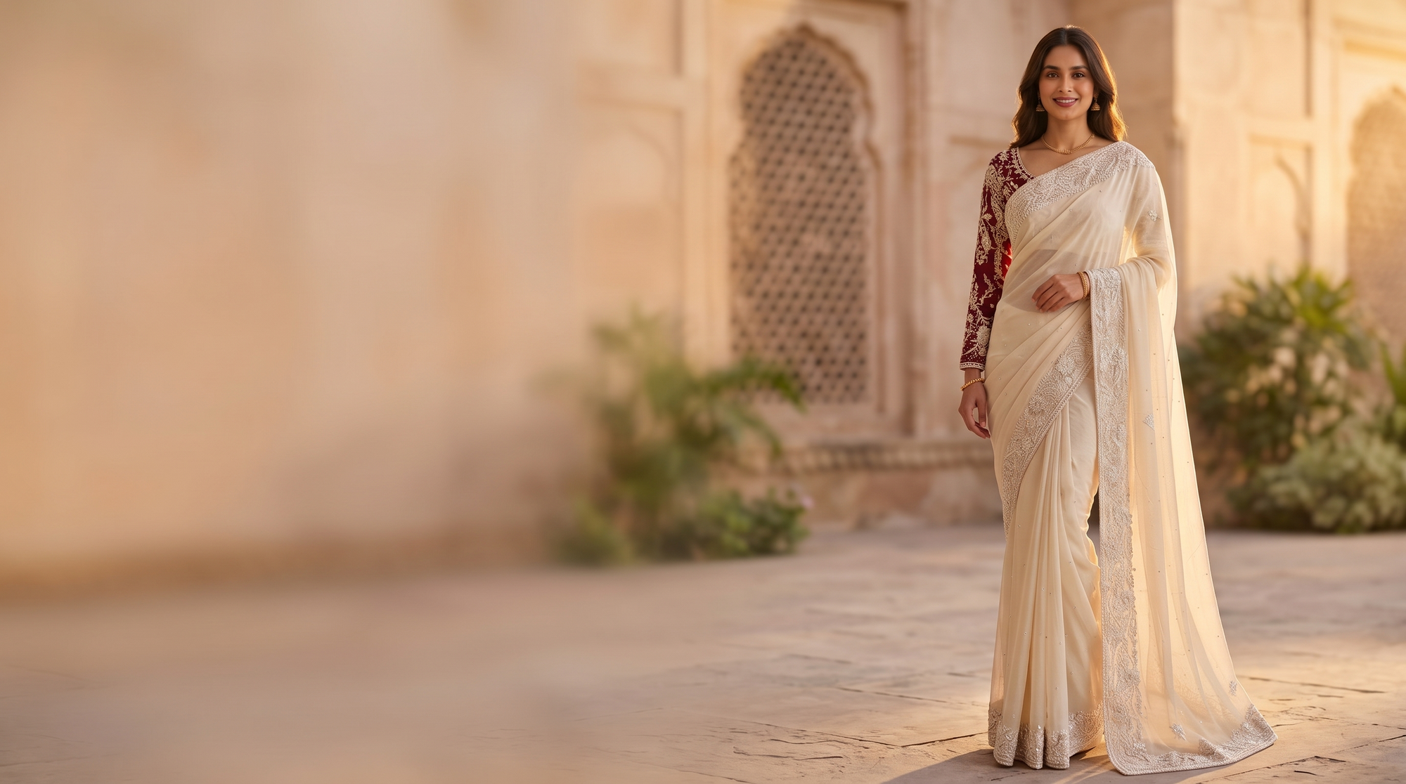Embroidered ivory saree with gold border – Cuckoo Fashion UK