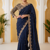 CFSAR-402 | Pure Chinon Saree | Designer Ready Made Saree with Stone and Zari Work | Navy Blue