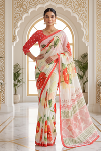 CFPSR-155 printed georgette saree - front standing pose with pallu draped