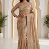 CFSAR-226 | Exquisite Champagne Beige Banarasi Organza Saree with Heavy Gold Zari, Resham, Sequins & Bead Work Designer Pallu