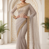 CFSAR-245 | Elegant Pearl Grey Soft Net Saree with Stone & Bead Handwork Border