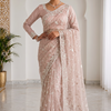 CFSAR-233 | Premium Soft Blush Pink Soft Net Handwork Saree with Ready-Made Stitched Blouse