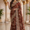 CFSAR-221 | Exquisite Coffee Brown Gold Zari Jaal Handwork Soft Tissue Banarasi Georgette Crepe Saree with Designer Borde
