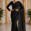 CFSAR-234 | Premium Black Chinon & Pure Georgette Heavy Handwork Saree with Ready-Made Stitched Blouse