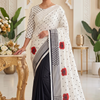 CFPSR-251 | Premium White & Black Polka Dot Digital Print Japan Satin Saree with Red Floral Designer Pallu