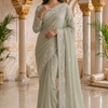 CFSAR-225 | Premium Sage Green Hand-Embroidered Chinon Saree with Resham, Stone, Bead & Cut Dana Designer Border Pallu