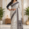 CFSAR-248 | Elegant White & Black Digital Print Japan Satin Saree with Traditional Pallu