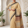 CFPSR-385 | Premium Cream & Black Soft Cotton Printed Saree with Ready-Made Blouse