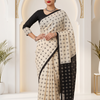 CFPSR-355 | Premium Ivory & Black Tussar Silk Printed Saree with Stitched Blouse