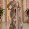CFSAR-227 | Premium Taupe Beige Chinon Handwork Saree with Intricate Zari, Sequins & Bead Work Designer Pallu
