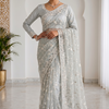 CFSAR-233 | Premium Mist Grey Soft Net Handwork Saree with Ready-Made Stitched Blouse