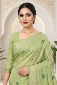Pistachio green Kora silk saree with floral design and elegant border