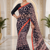 CFPSR-353 B | Premium Black & Red Printed Georgette Saree with Long Sleeve Stitched Blouse