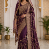 CFSAR-212 | Elegant Wine Purple Chinon Saree with Heavy Gold Zari Handwork & Net Dupatta