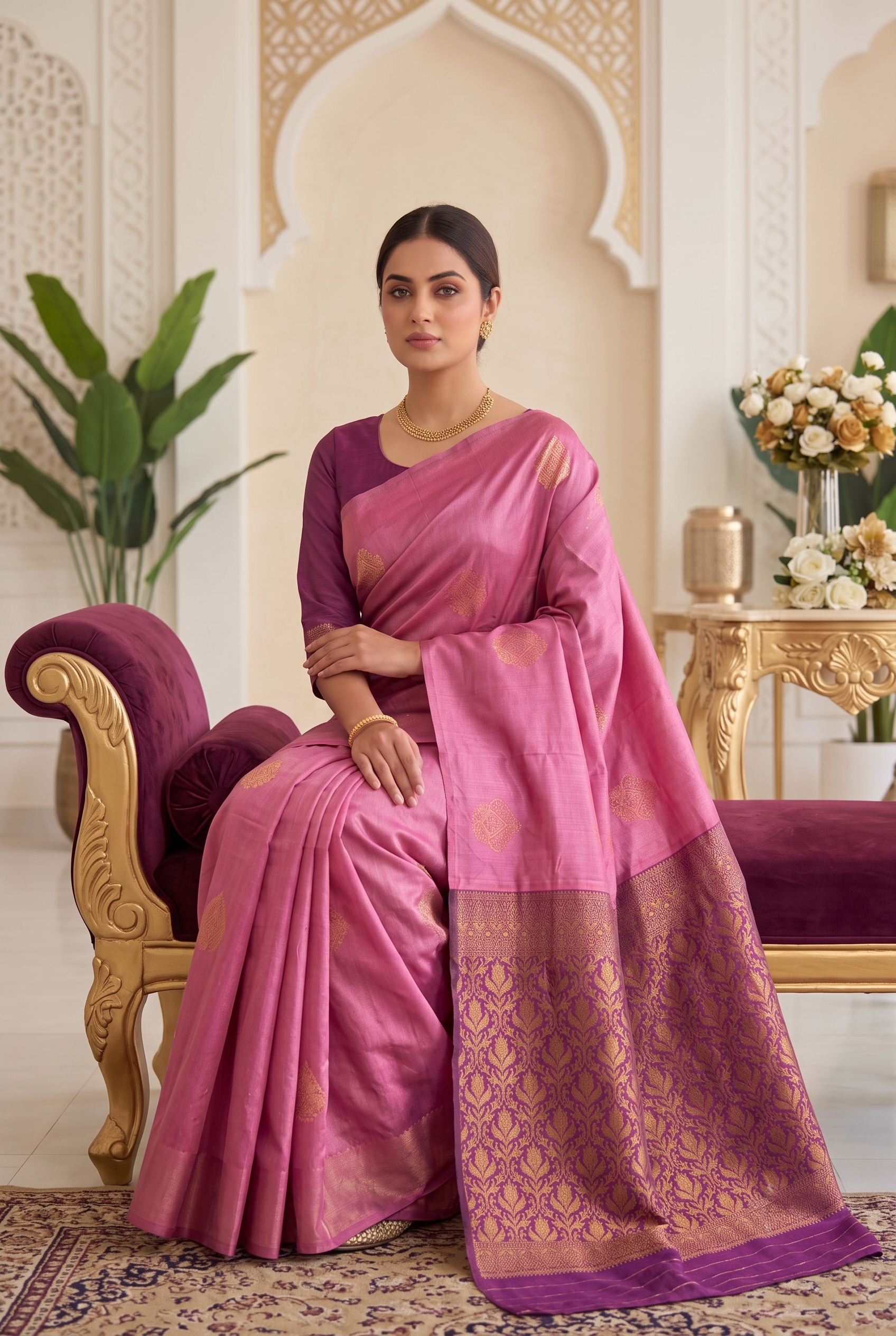 Dark pink Kora silk saree full view with elegant border and designer pallu