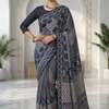 CFPSR-250 | Elegant Indigo Blue Ajrakh Inspired Digital Print Japan Satin Saree with Modern Designer Pallu