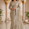 CFSAR-226 | Exquisite Pearl Beige Banarasi Organza Saree with Heavy Gold Zari, Resham, Sequins & Bead Work Designer Pallu