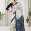 CFPSR-378 | Ivory & Slate Blue Soft Cotton Printed Saree with Ready-Made Full-Sleeve Blouse