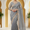 CFSAR-224 | Premium Steel Grey Soft Organza Saree with Handcrafted Sequins, Cut Dana & Bead Work Border