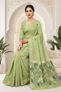 Pistachio green Kora silk saree full view with floral pallu and decorative border