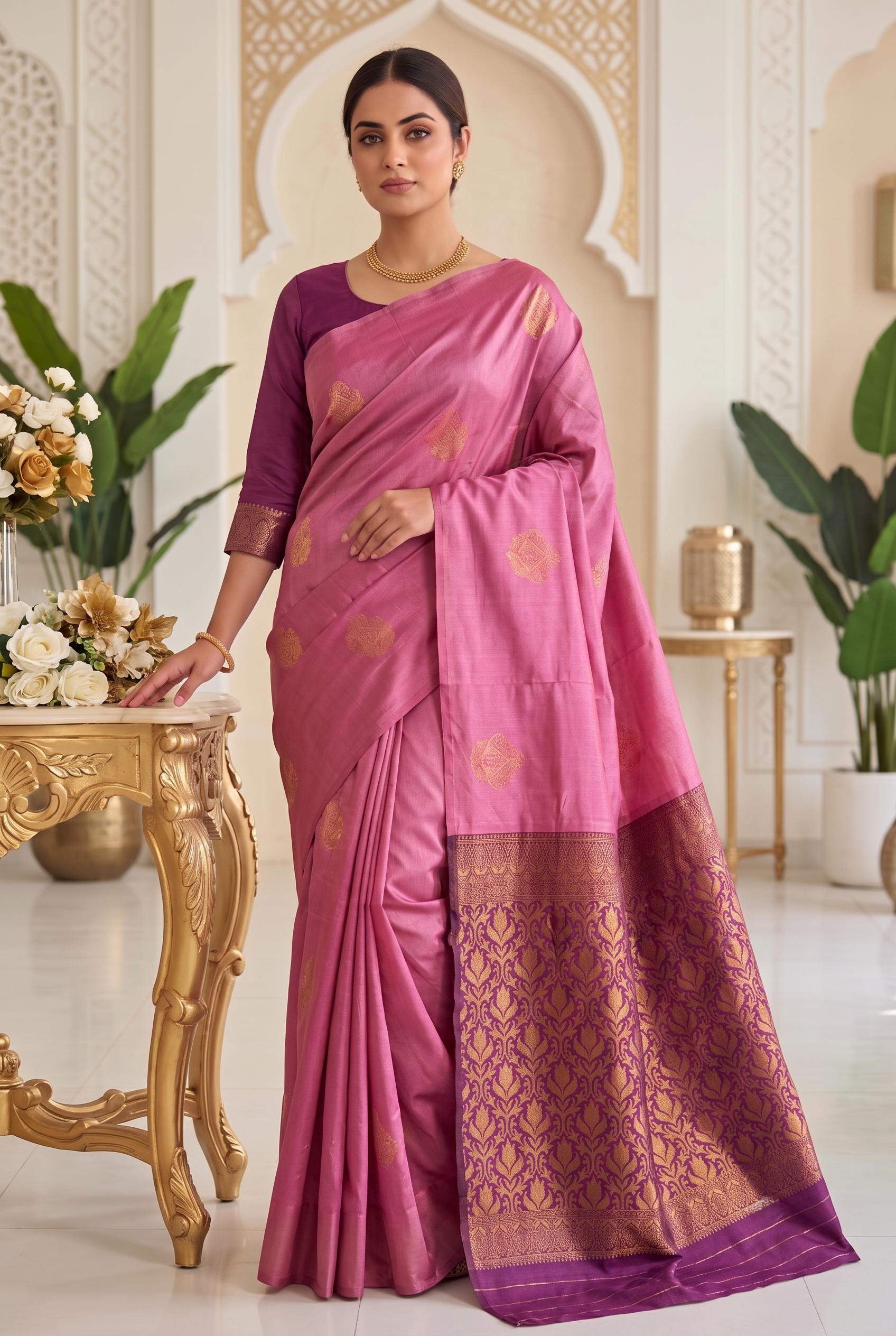 Premium dark pink Kora silk saree with traditional detailing and unstitched blouse