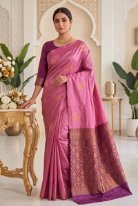 Premium dark pink Kora silk saree with traditional detailing and unstitched blouse
