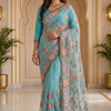 CFSAR-187 | Sky Blue Designer Net Saree | Multithread Resham & Swarovski Stone Border Work