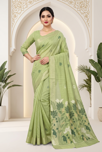 Premium pistachio green Kora silk saree with floral detailing and unstitched blouse