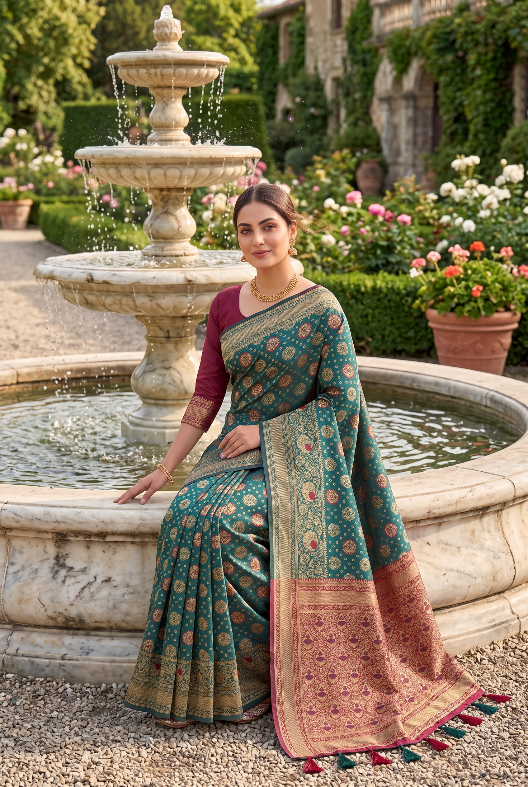  teal and maroon patterned saree 