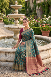  teal and maroon patterned saree 