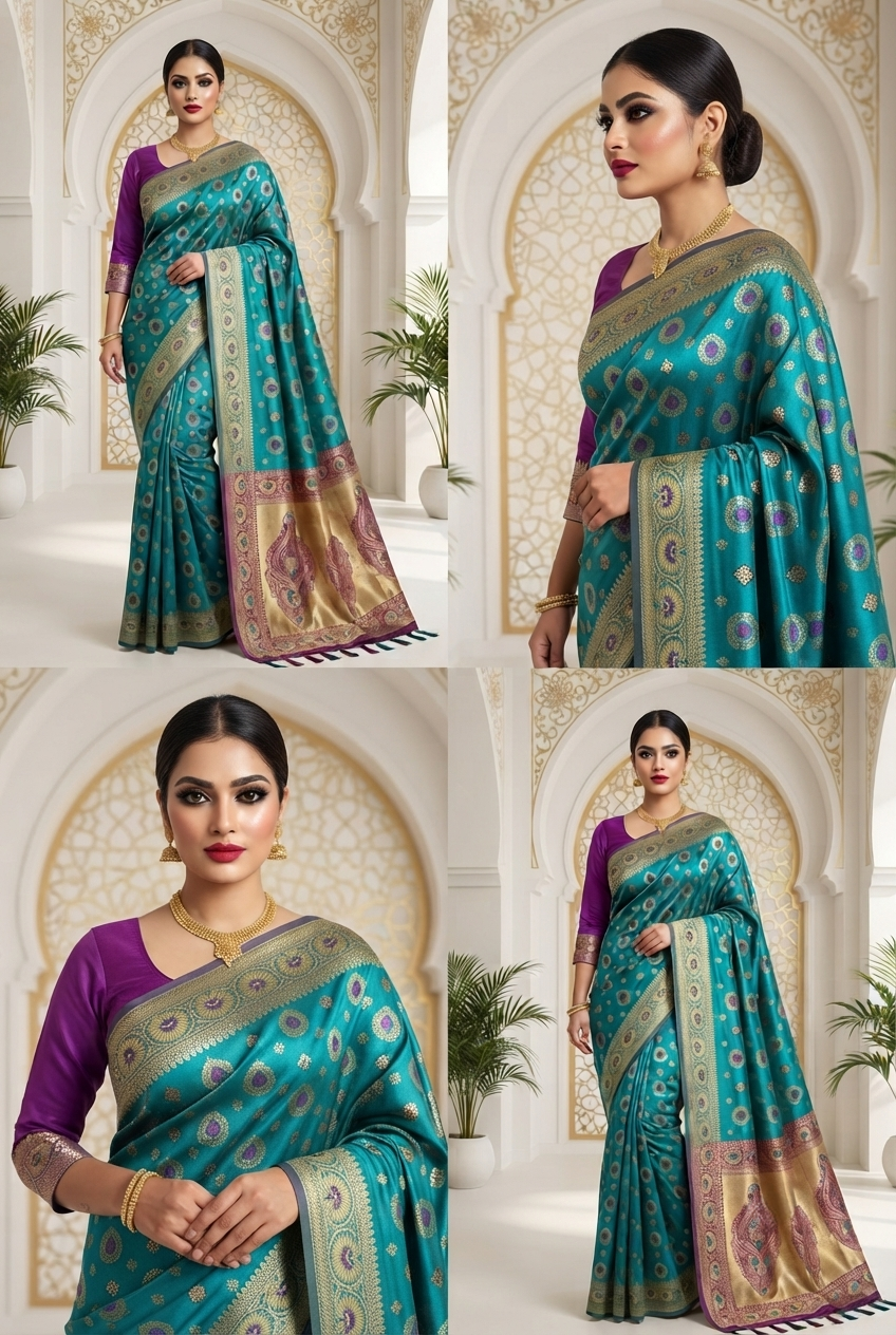 teal and purple saree with ornate gold zari patterns and a matching purple blouse.
