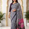 CFSAR-353  A | Premium Grey, Black & Pink Georgette Saree with Floral Designer Pallu & Stitched Blouse