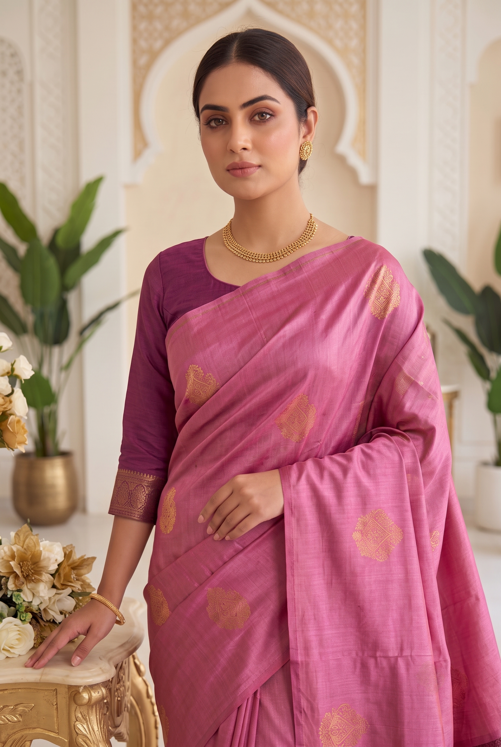 Dark pink Kora silk saree showing detailed border and traditional design