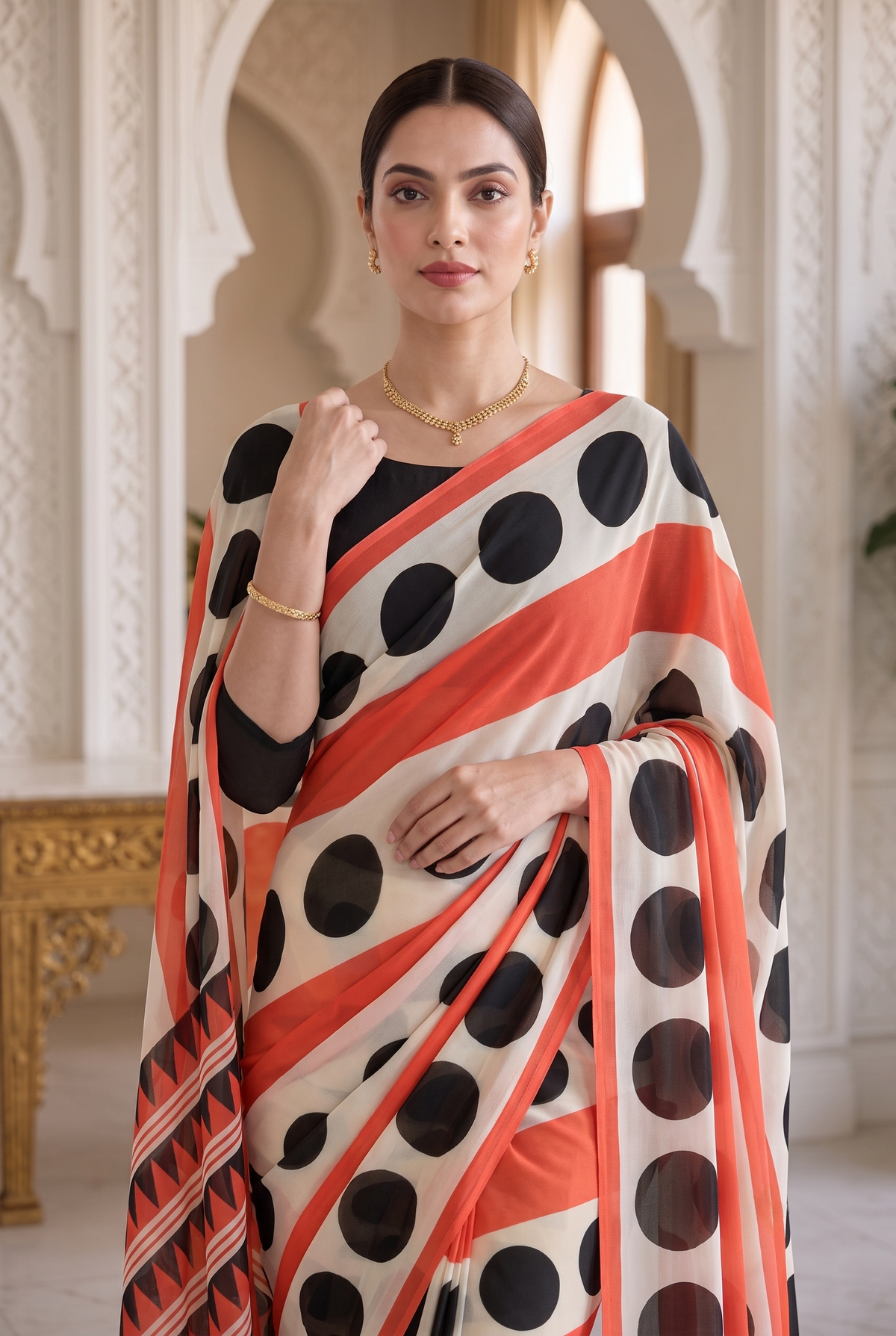 CFPSR-151 saree pallu detail - polka dot print