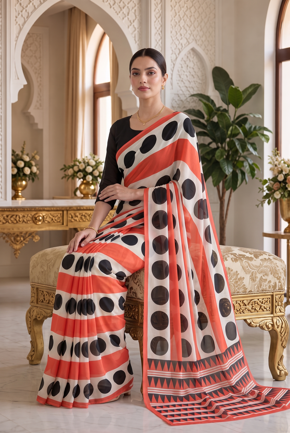 Model wearing CFPSR-151 printed georgette saree - back view