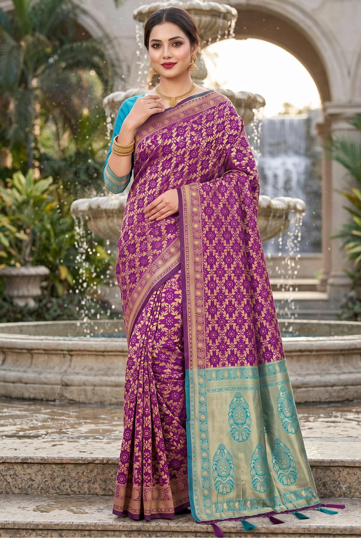 Purple and teal patterned silk saree with a gold zari border.